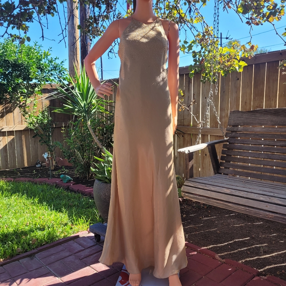Vintage Chelsea Nites Y2K Gold Maxi Dress Ladies Size 6 Beaded Evening Gown